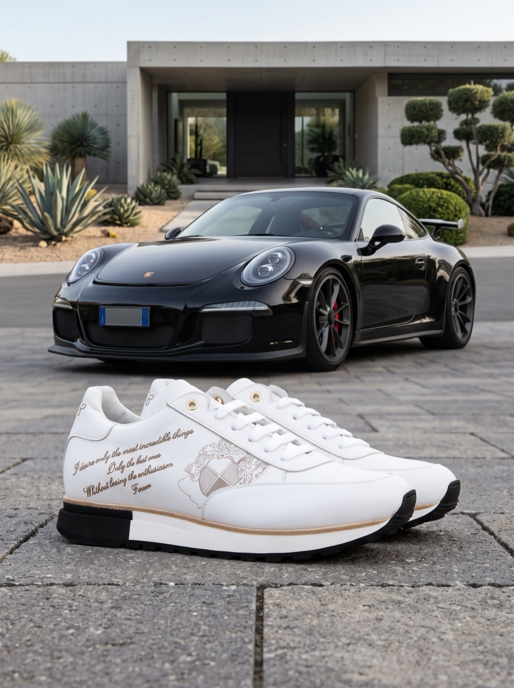 Corvari white sneakers in front of a black Porsche