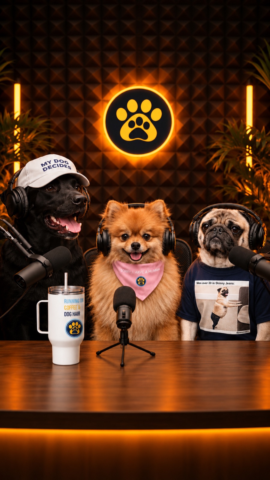 Bruno, Beans and Honey wearing Pawcast merch in the studio